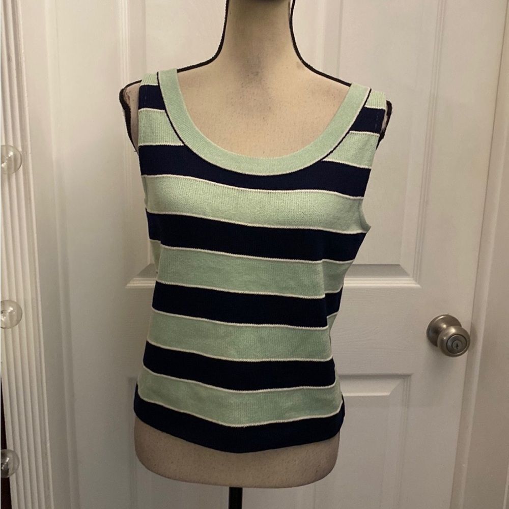 St. John Striped Sleeveless  knit Top - Navy and Mint, S